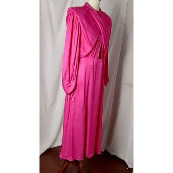 Farm Rio Maxi Dress Cut Out Satin Pink L Shoulder Pad Long-Sleeve Cocktail - Picture 11 of 16
